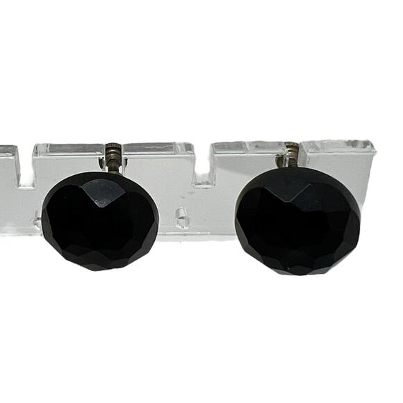 Vintage Black Faceted Glass Button Earrings Screw Back Silver Tone Mid Century - Picture 10 of 11